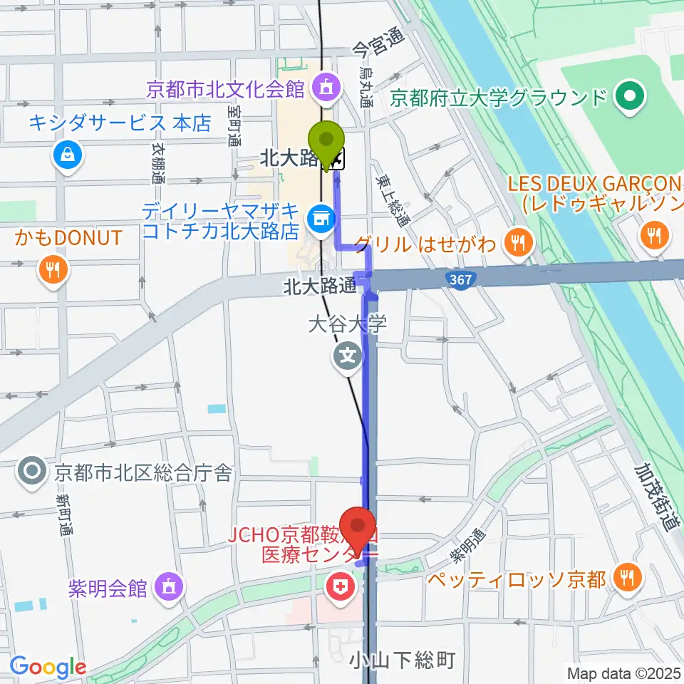 北大路駅から京都ケニーズへのルートマップ地図