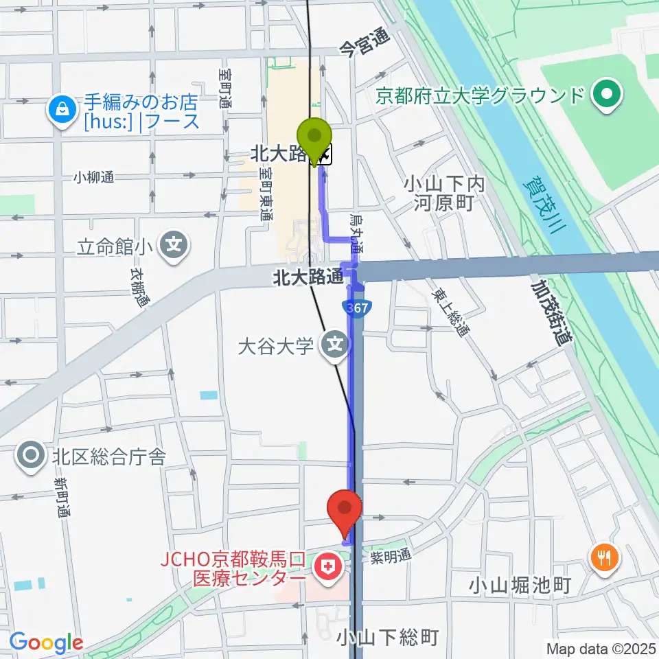 北大路駅から京都ケニーズへのルートマップ地図