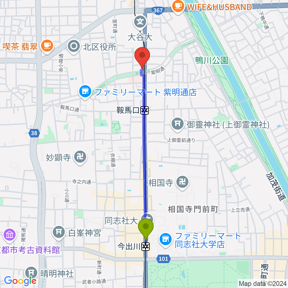 今出川駅から京都ケニーズへのルートマップ地図