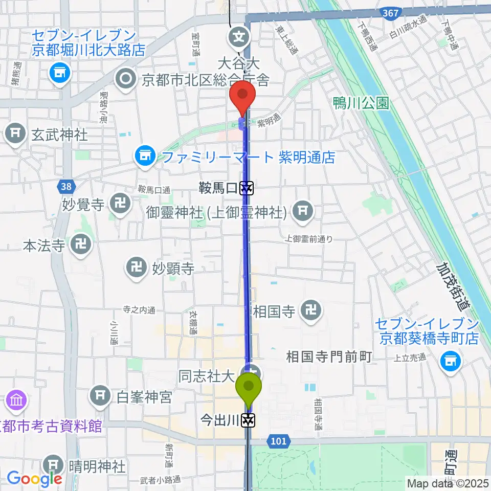 今出川駅から京都ケニーズへのルートマップ地図