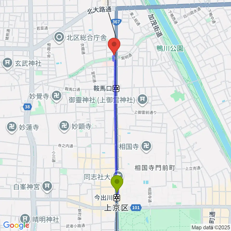 今出川駅から京都ケニーズへのルートマップ地図