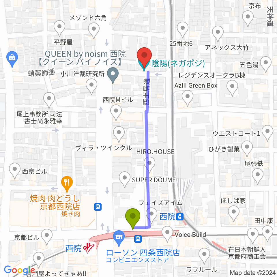 西院駅から西院ネガポジへのルートマップ地図