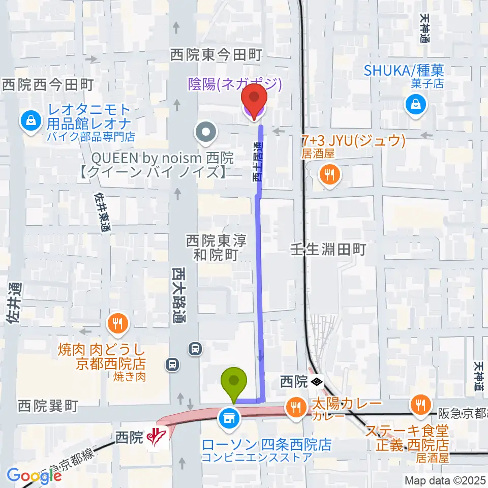 西院駅から西院ネガポジへのルートマップ地図