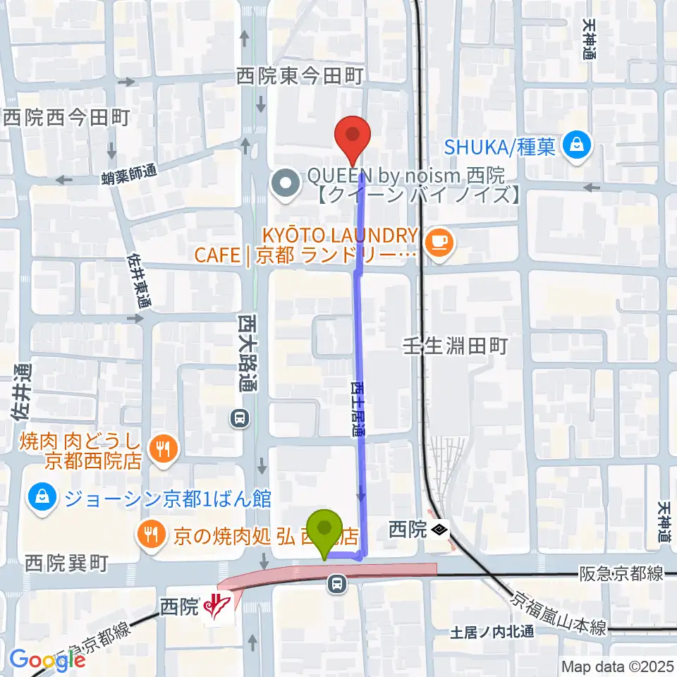 西院駅から西院ネガポジへのルートマップ地図