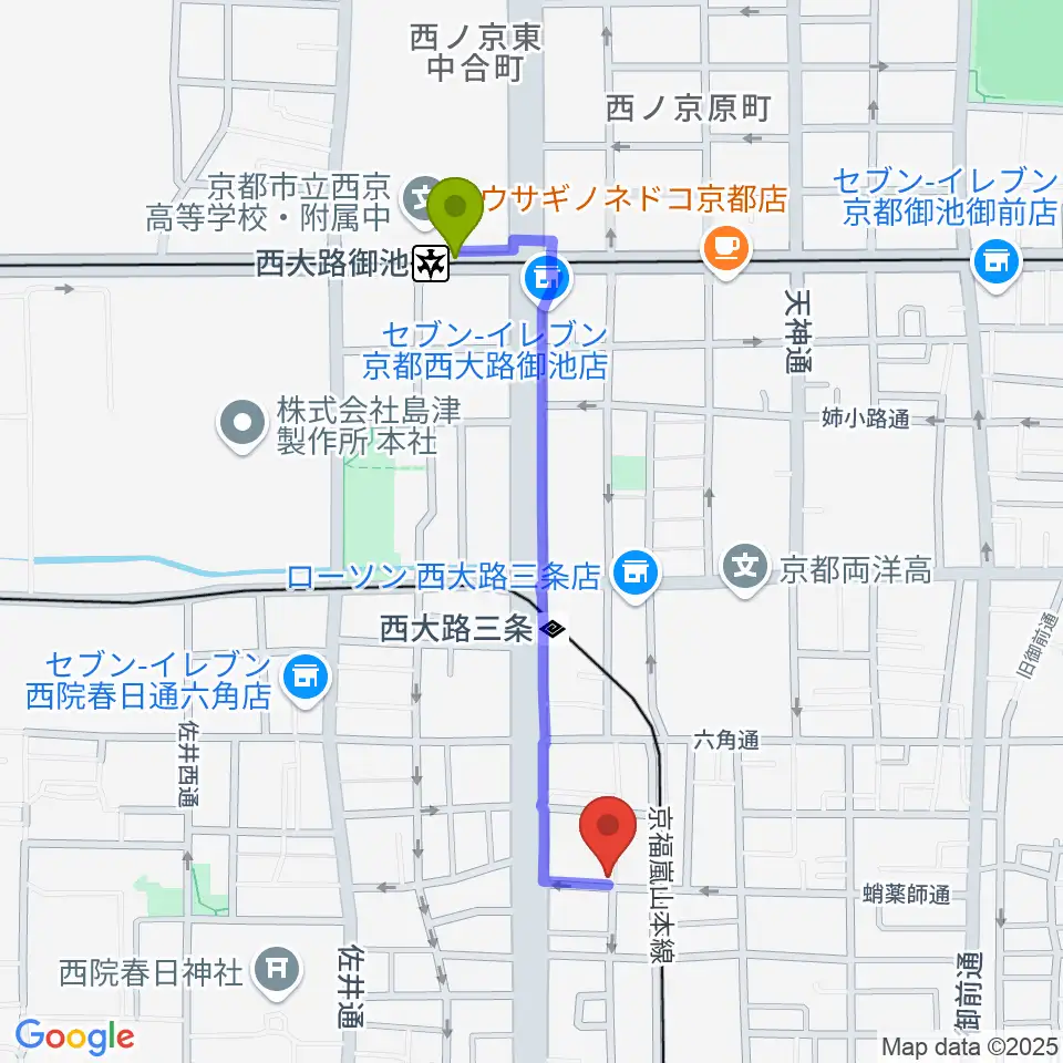 西大路御池駅から西院ネガポジへのルートマップ地図