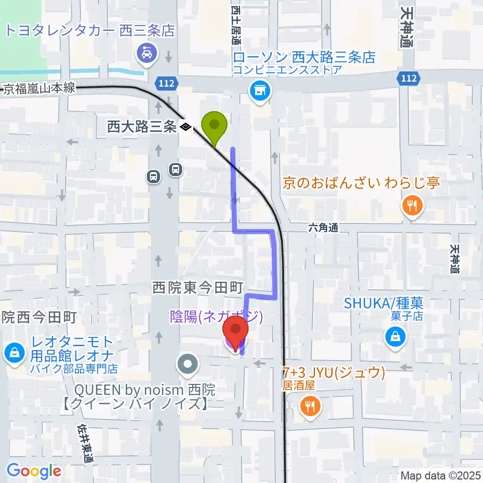 西院ネガポジの最寄駅西大路三条駅からの徒歩ルート（約3分）地図