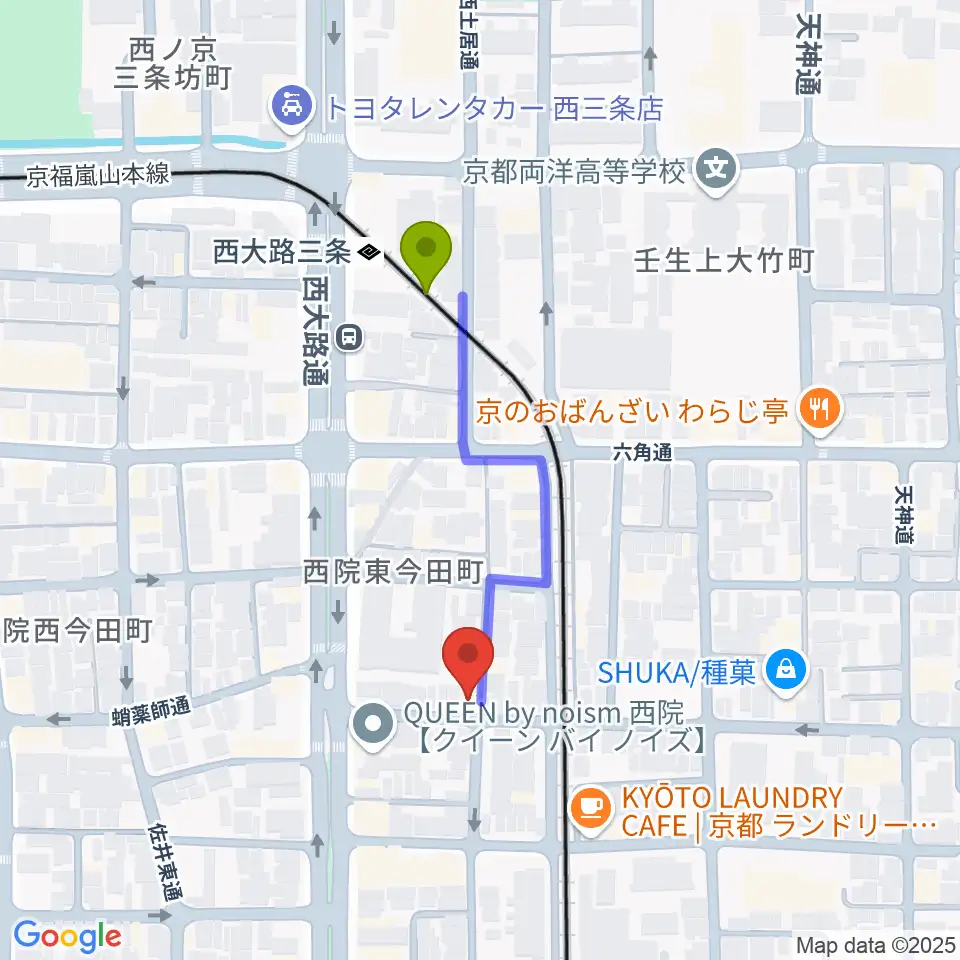 西院ネガポジの最寄駅西大路三条駅からの徒歩ルート（約3分）地図