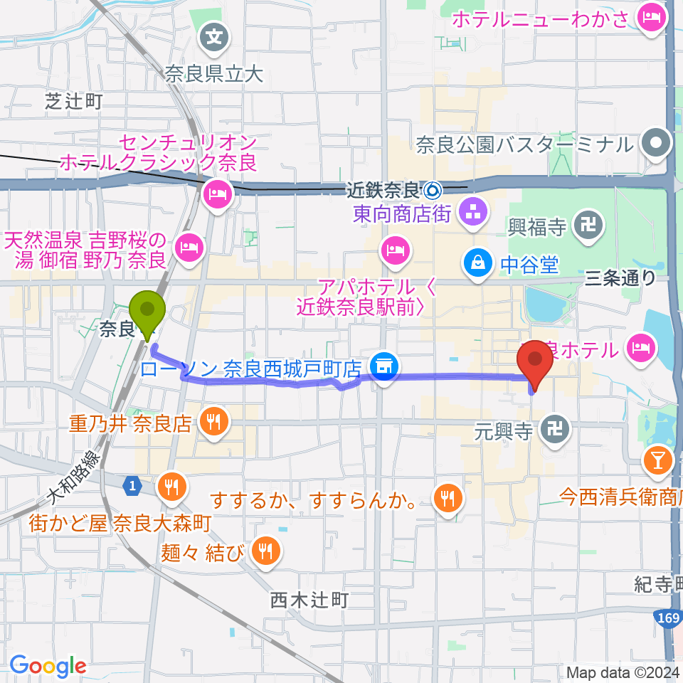 奈良駅からブルーノートならまちへのルートマップ地図