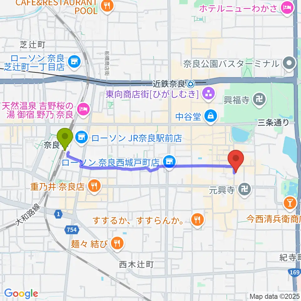 奈良駅からブルーノートならまちへのルートマップ地図