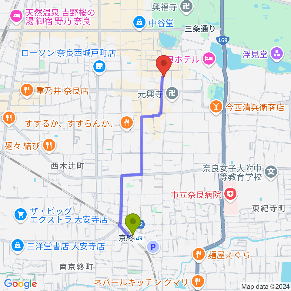 京終駅からブルーノートならまちへのルートマップ地図