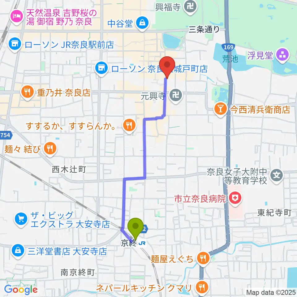 京終駅からブルーノートならまちへのルートマップ地図