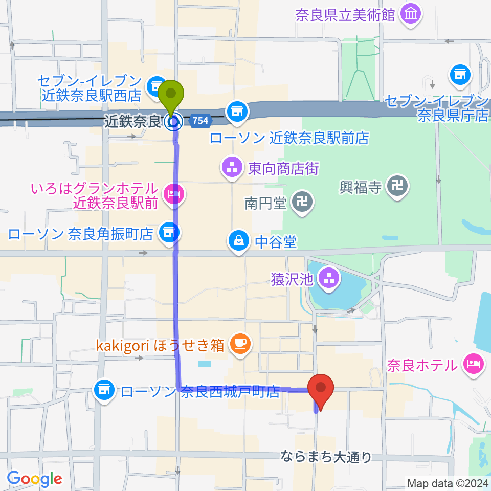 ブルーノートならまちの最寄駅近鉄奈良駅からの徒歩ルート（約11分）地図