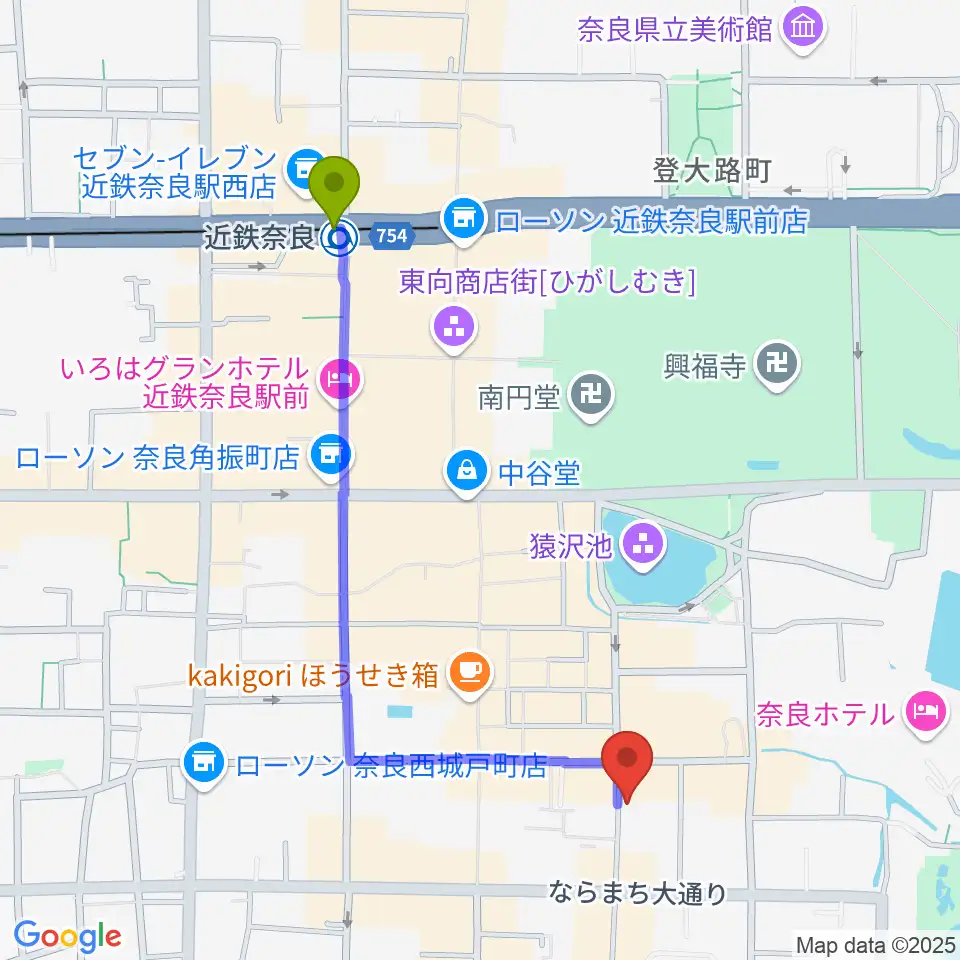 ブルーノートならまちの最寄駅近鉄奈良駅からの徒歩ルート（約11分）地図