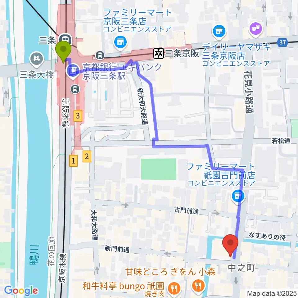 セレクテッド・ラポーの最寄駅三条駅からの徒歩ルート（約7分）地図