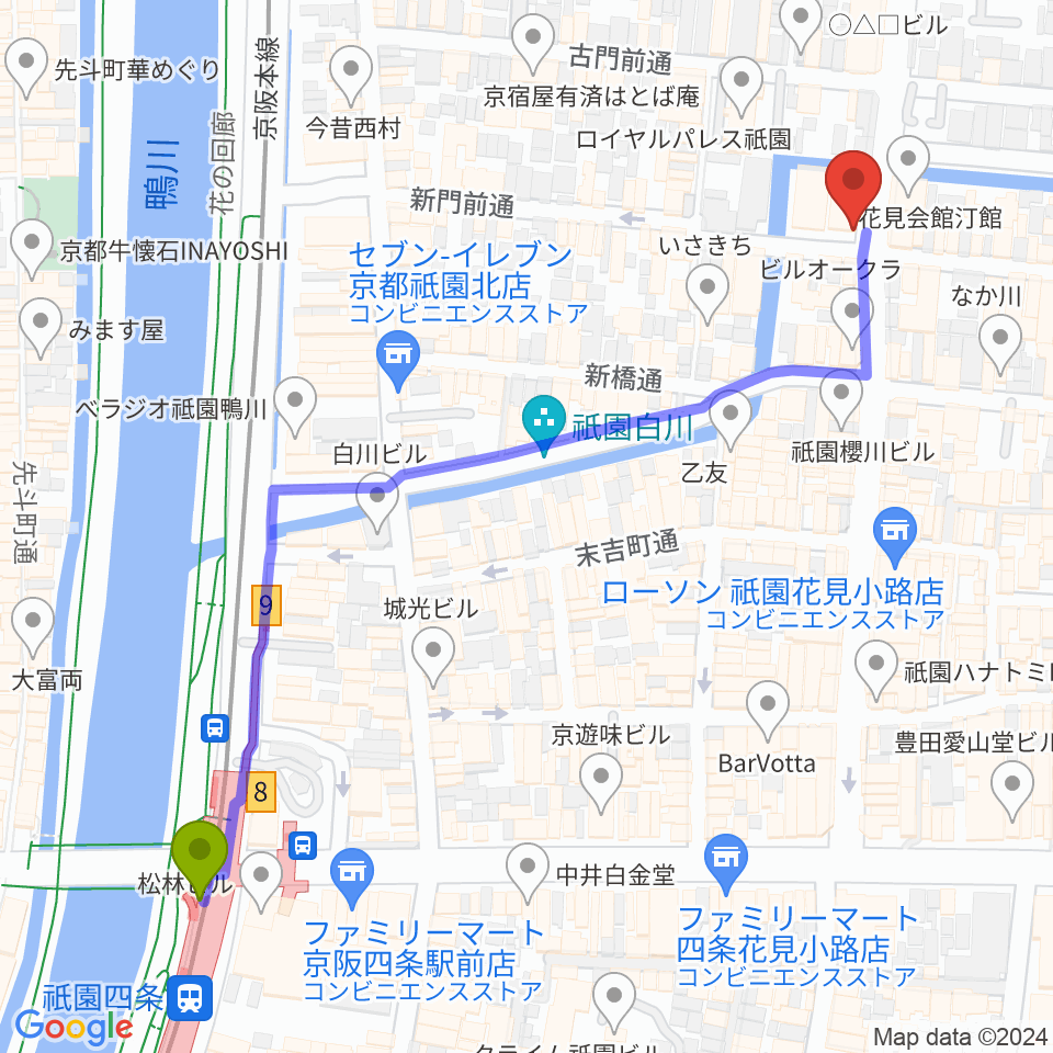 祇園四条駅からセレクテッド・ラポーへのルートマップ地図