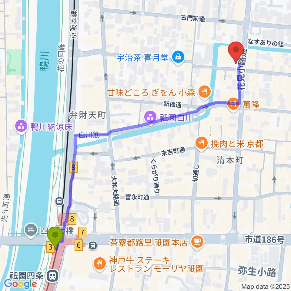 祇園四条駅からセレクテッド・ラポーへのルートマップ地図