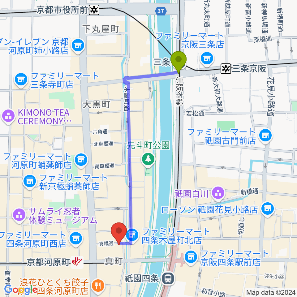 三条駅からWORLD KYOTOへのルートマップ地図