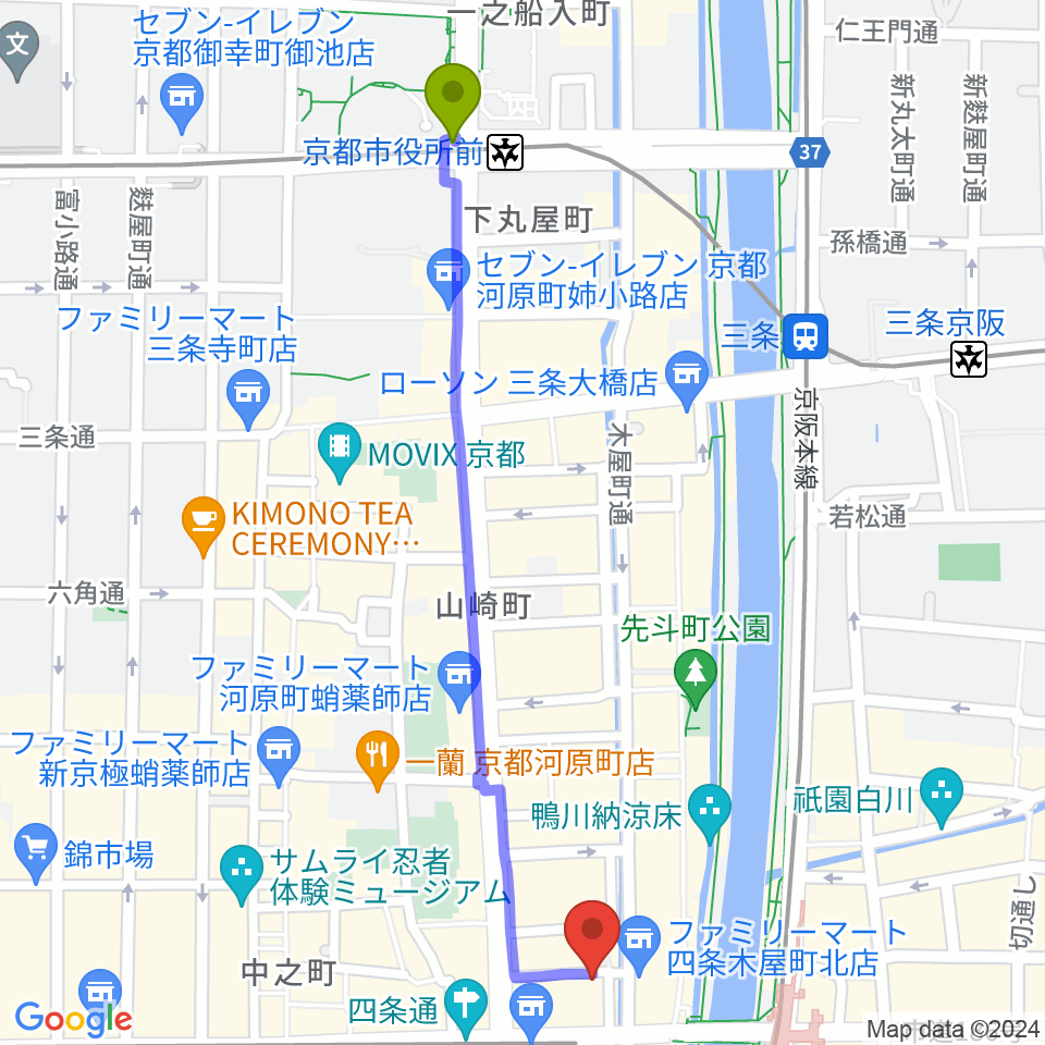 京都市役所前駅からWORLD KYOTOへのルートマップ地図