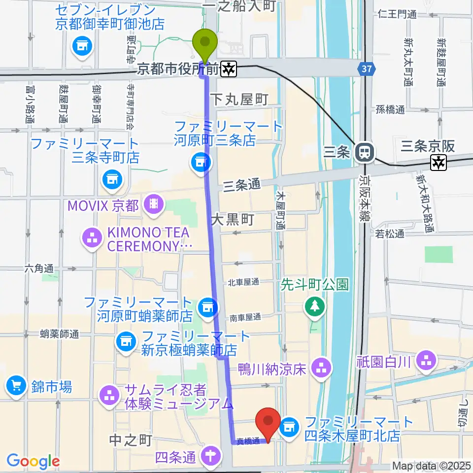 京都市役所前駅からWORLD KYOTOへのルートマップ地図