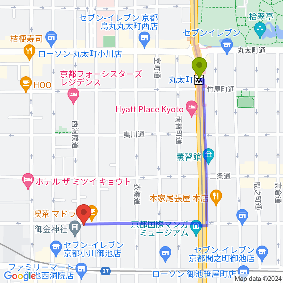 丸太町駅から京都nanoへのルートマップ地図