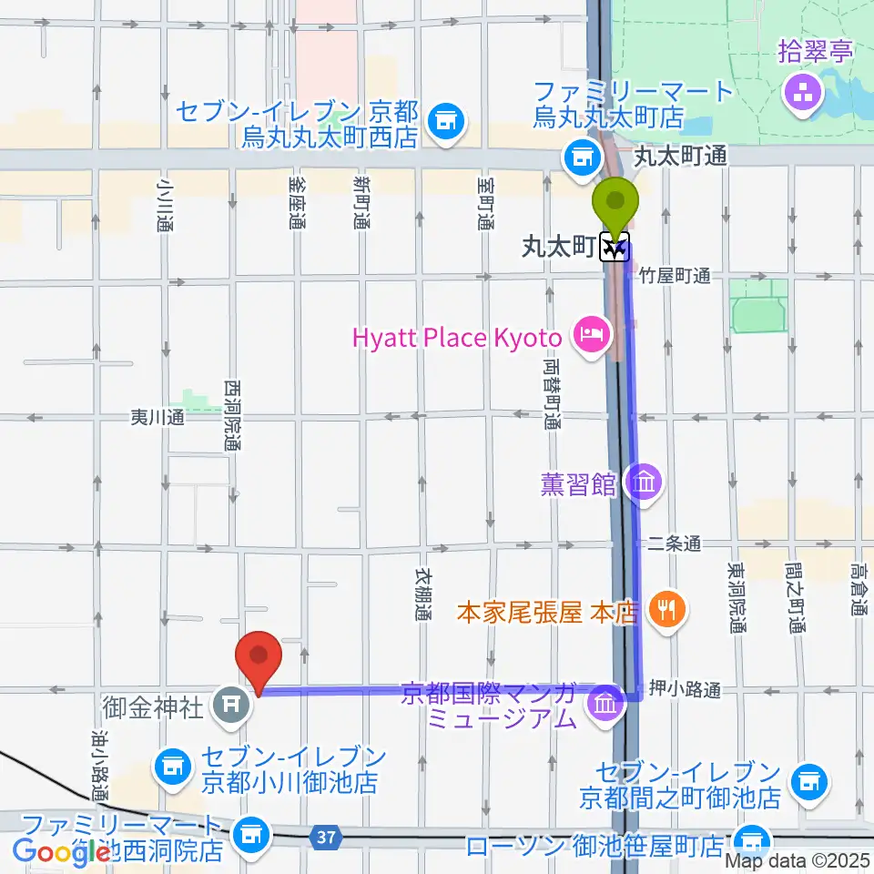 丸太町駅から京都nanoへのルートマップ地図