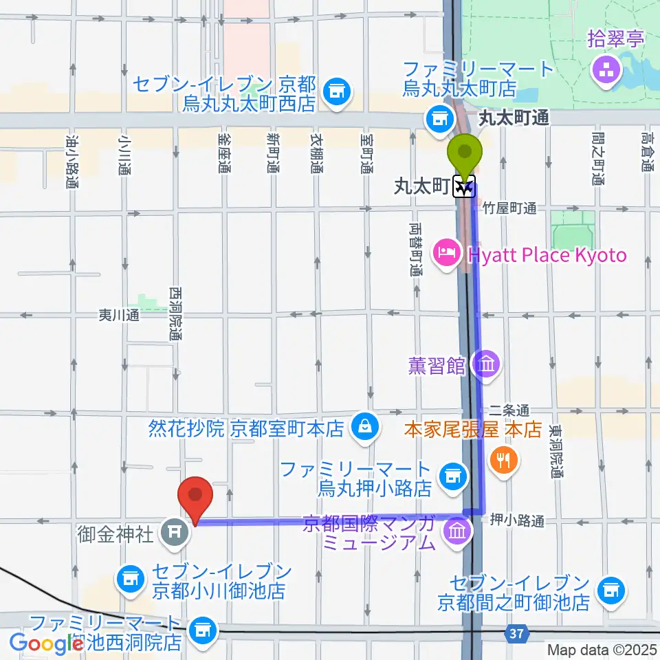 丸太町駅から京都nanoへのルートマップ地図