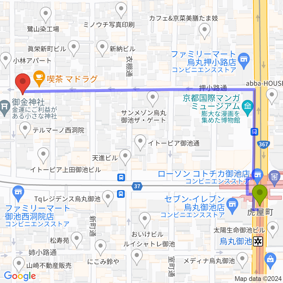 京都nanoの最寄駅烏丸御池駅からの徒歩ルート（約7分）地図
