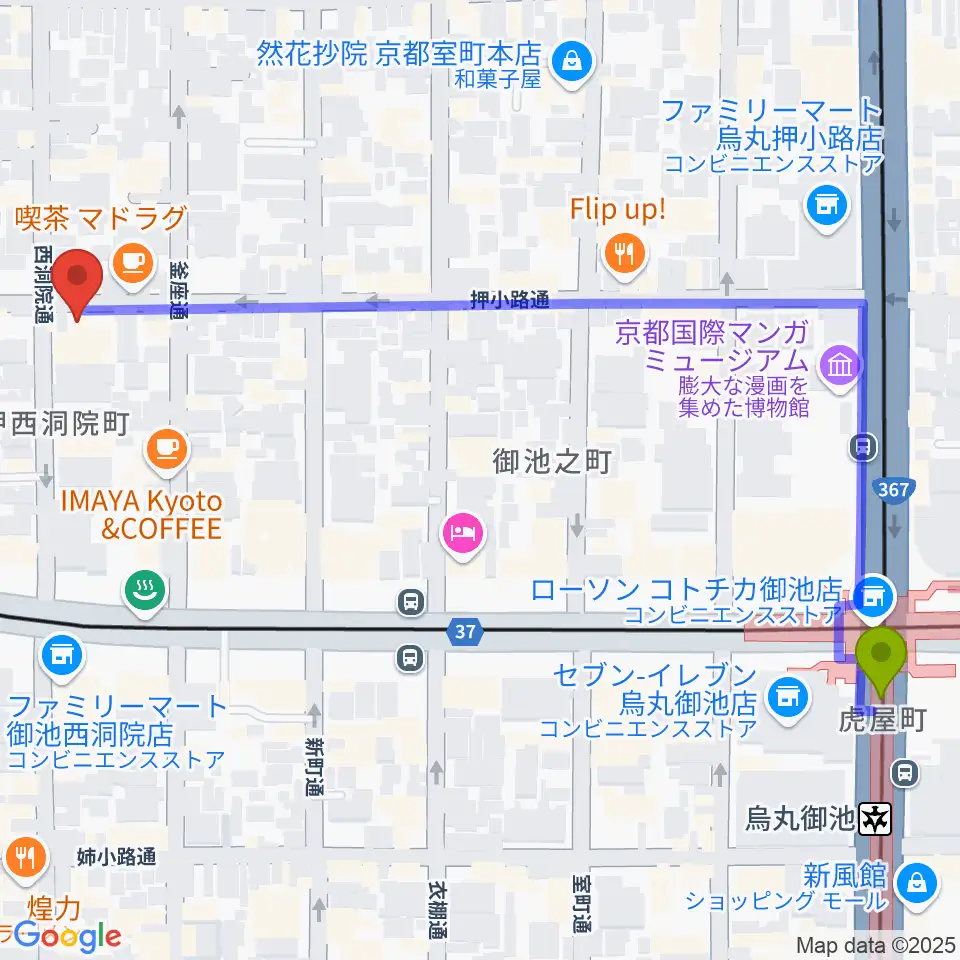 京都nanoの最寄駅烏丸御池駅からの徒歩ルート（約7分）地図