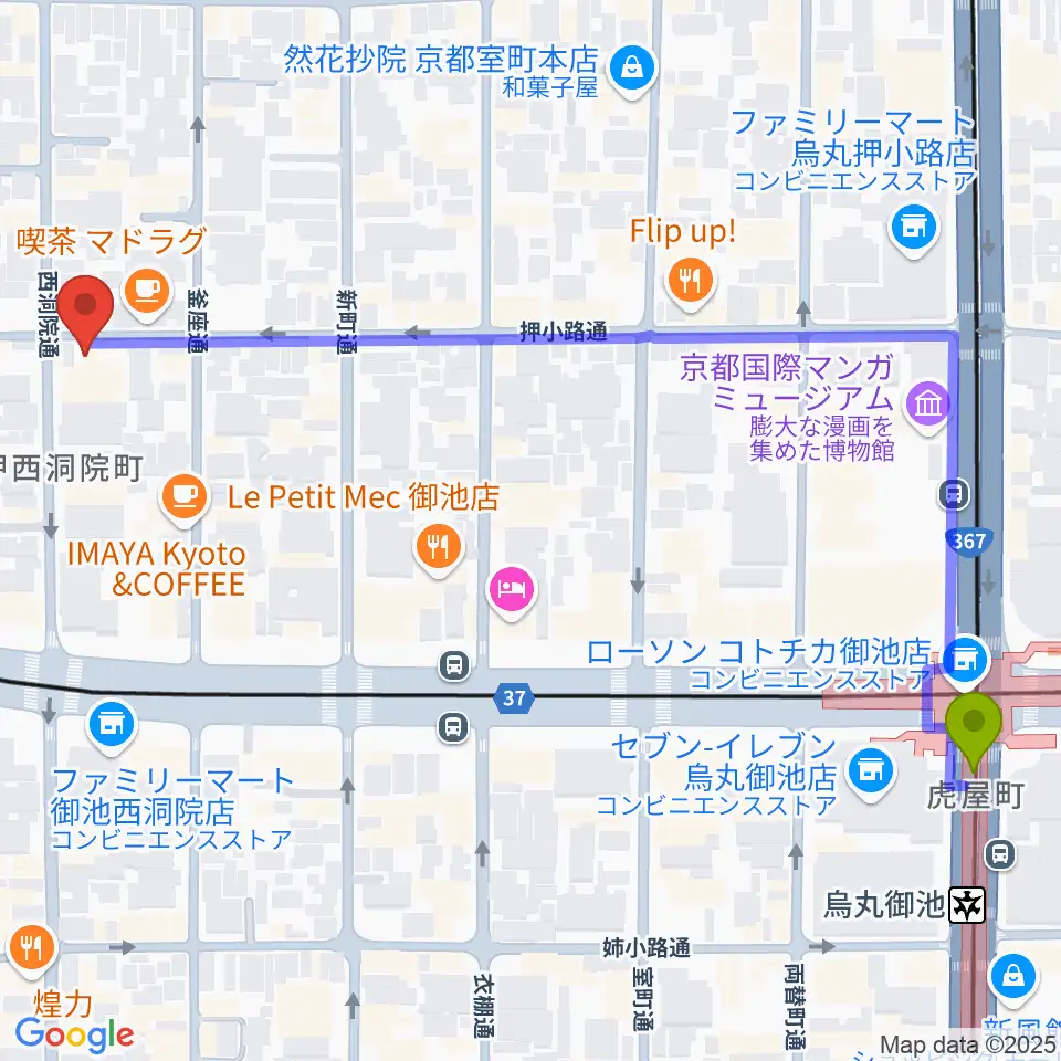 京都nanoの最寄駅烏丸御池駅からの徒歩ルート（約7分）地図