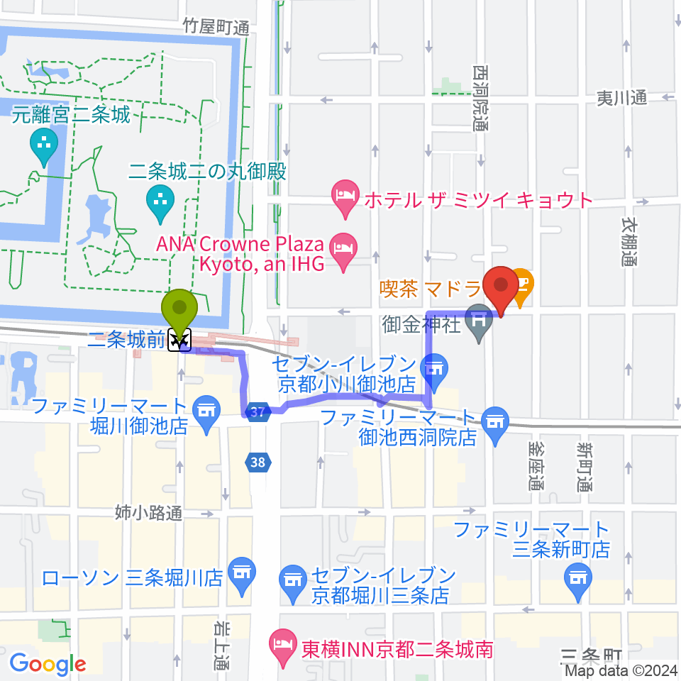 二条城前駅から京都nanoへのルートマップ地図