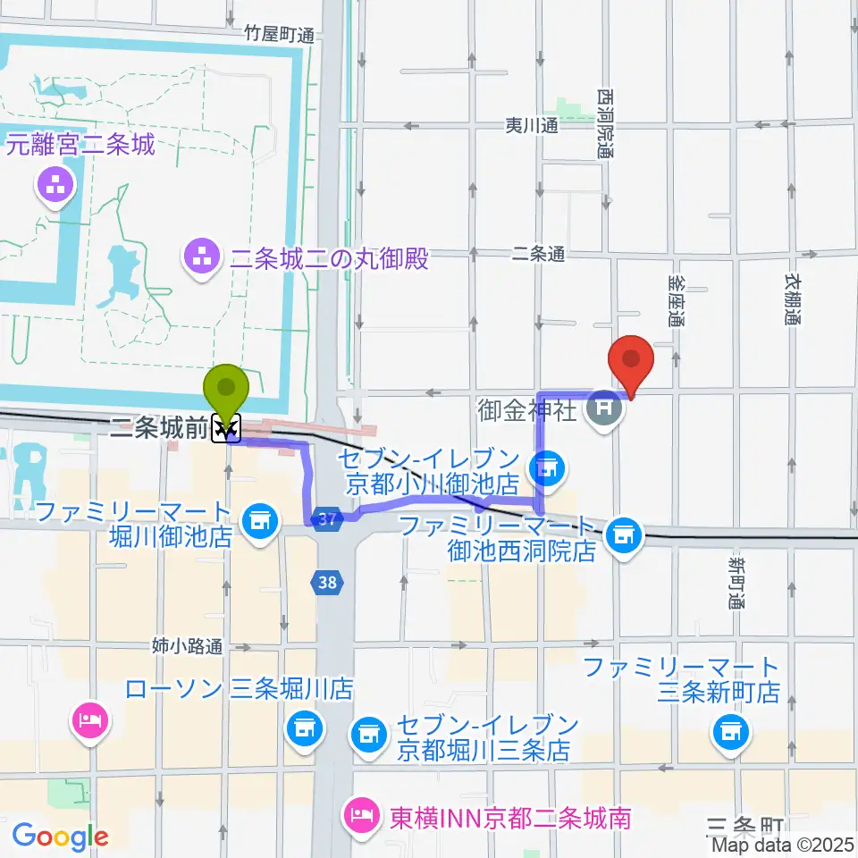 二条城前駅から京都nanoへのルートマップ地図