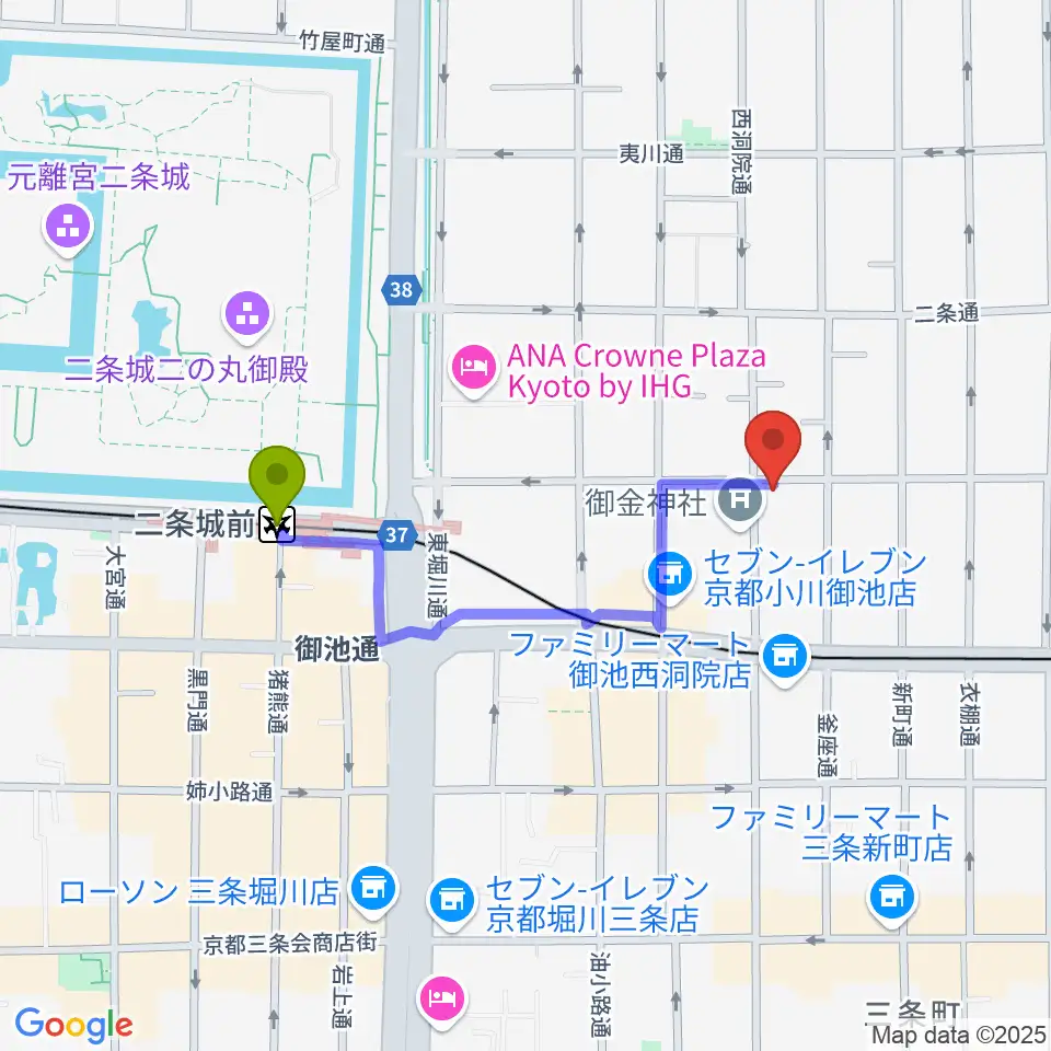 二条城前駅から京都nanoへのルートマップ地図