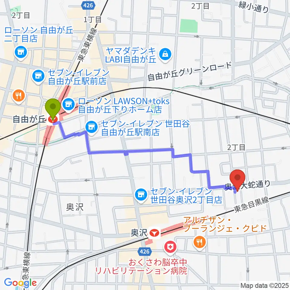 自由が丘駅からパストラルサウンドへのルートマップ地図