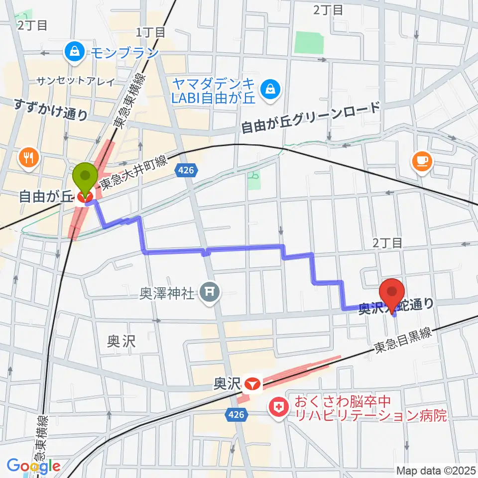 自由が丘駅からパストラルサウンドへのルートマップ地図