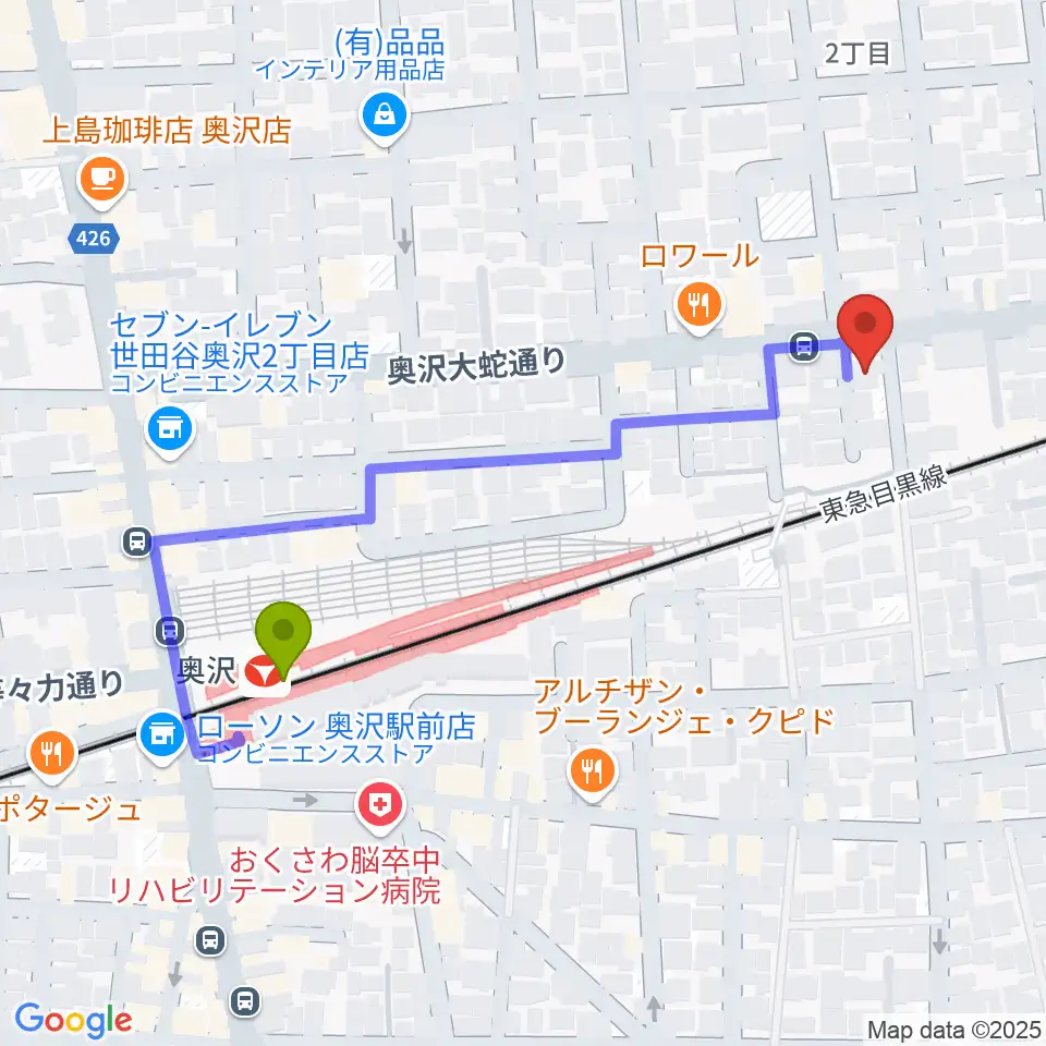 パストラルサウンドの最寄駅奥沢駅からの徒歩ルート（約5分）地図