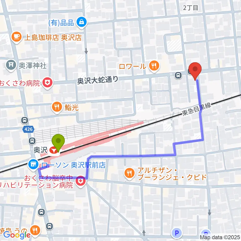 パストラルサウンドの最寄駅奥沢駅からの徒歩ルート（約5分）地図