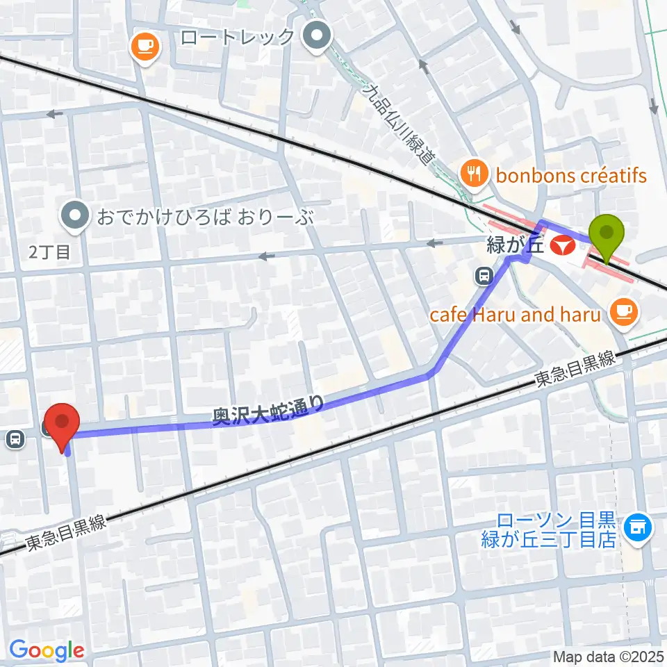 緑が丘駅からパストラルサウンドへのルートマップ地図