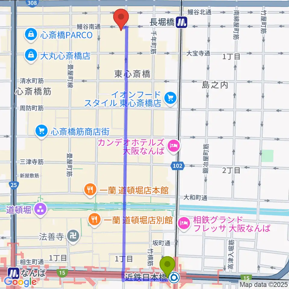 近鉄日本橋駅から心斎橋CLUB STOMPへのルートマップ地図