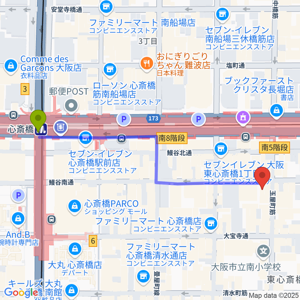 心斎橋駅から心斎橋CLUB STOMPへのルートマップ地図