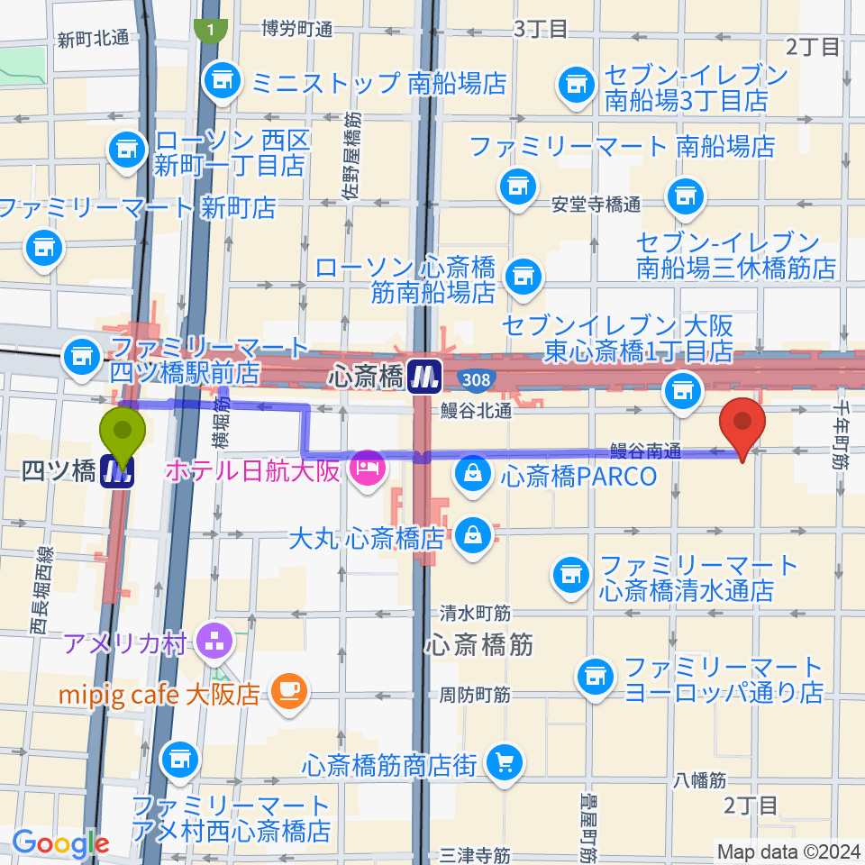 四ツ橋駅から心斎橋CLUB STOMPへのルートマップ地図