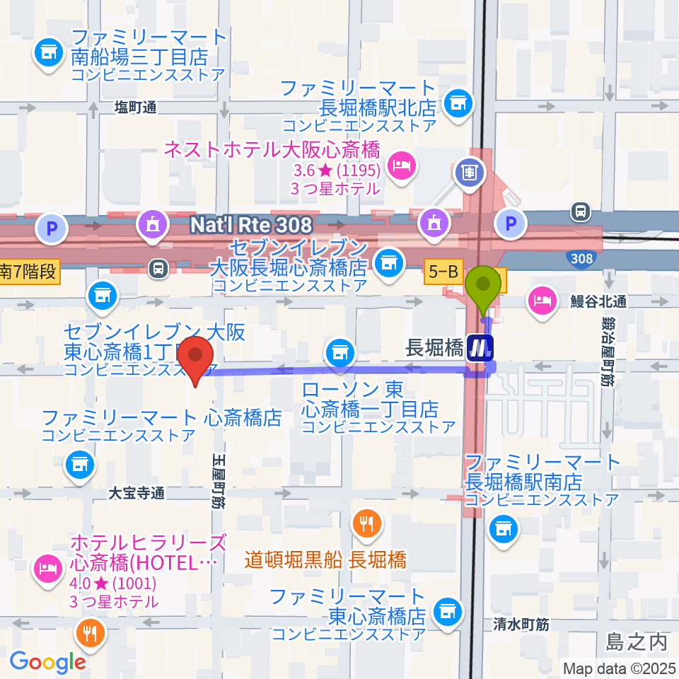 心斎橋CLUB STOMPの最寄駅長堀橋駅からの徒歩ルート（約3分）地図