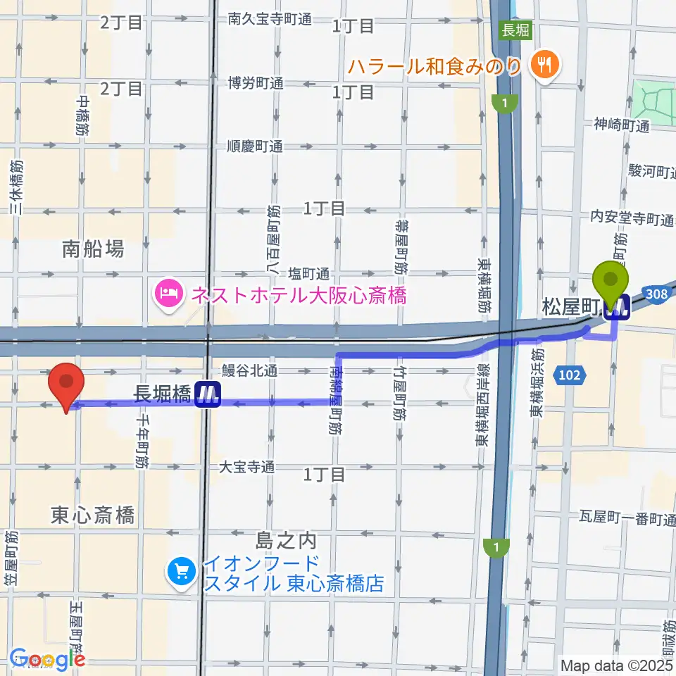 松屋町駅から心斎橋CLUB STOMPへのルートマップ地図
