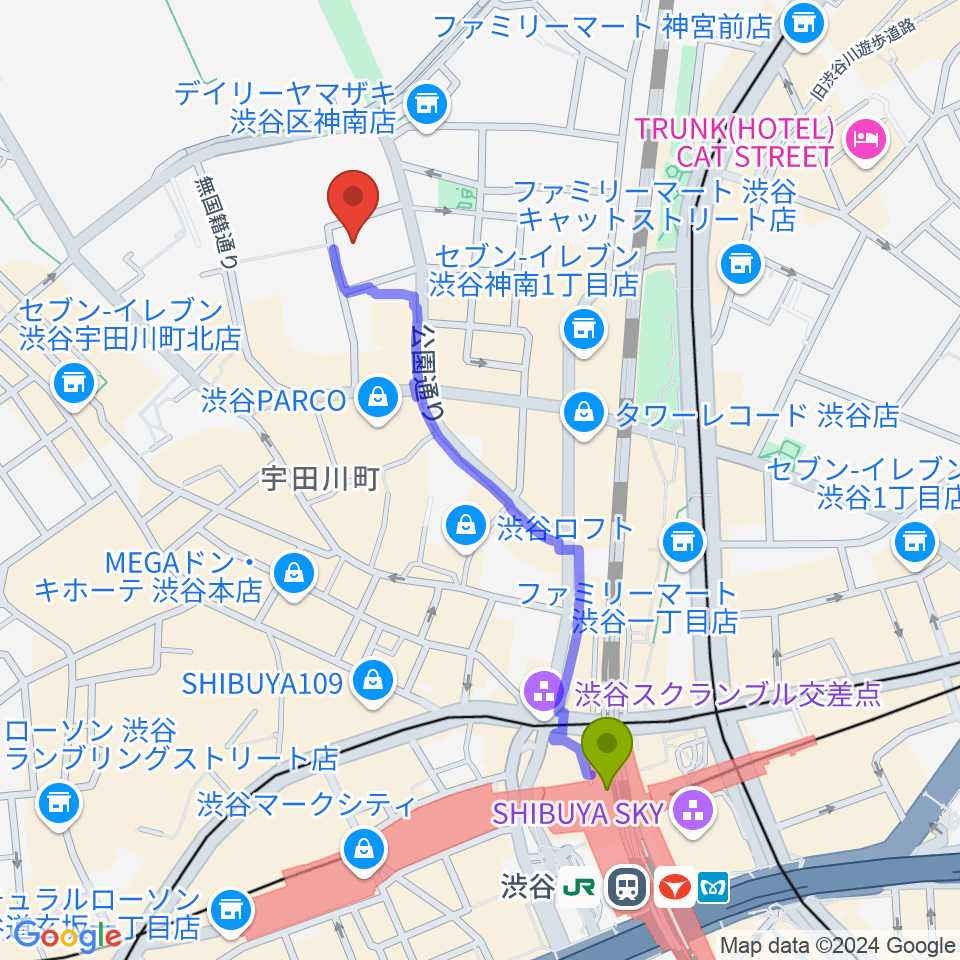 渋谷公園通りBODY&SOULの最寄駅渋谷駅からの徒歩ルート（約10分）地図