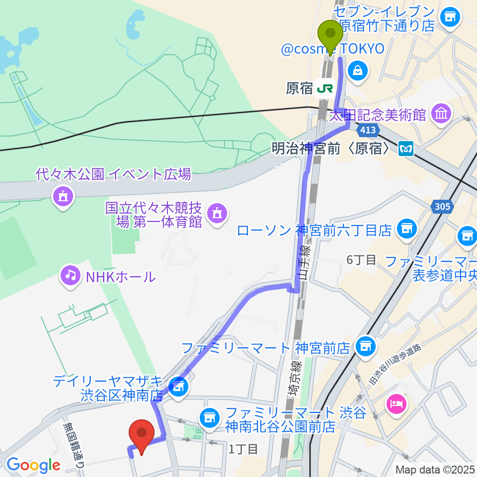 原宿駅から渋谷公園通りBODY&SOULへのルートマップ地図