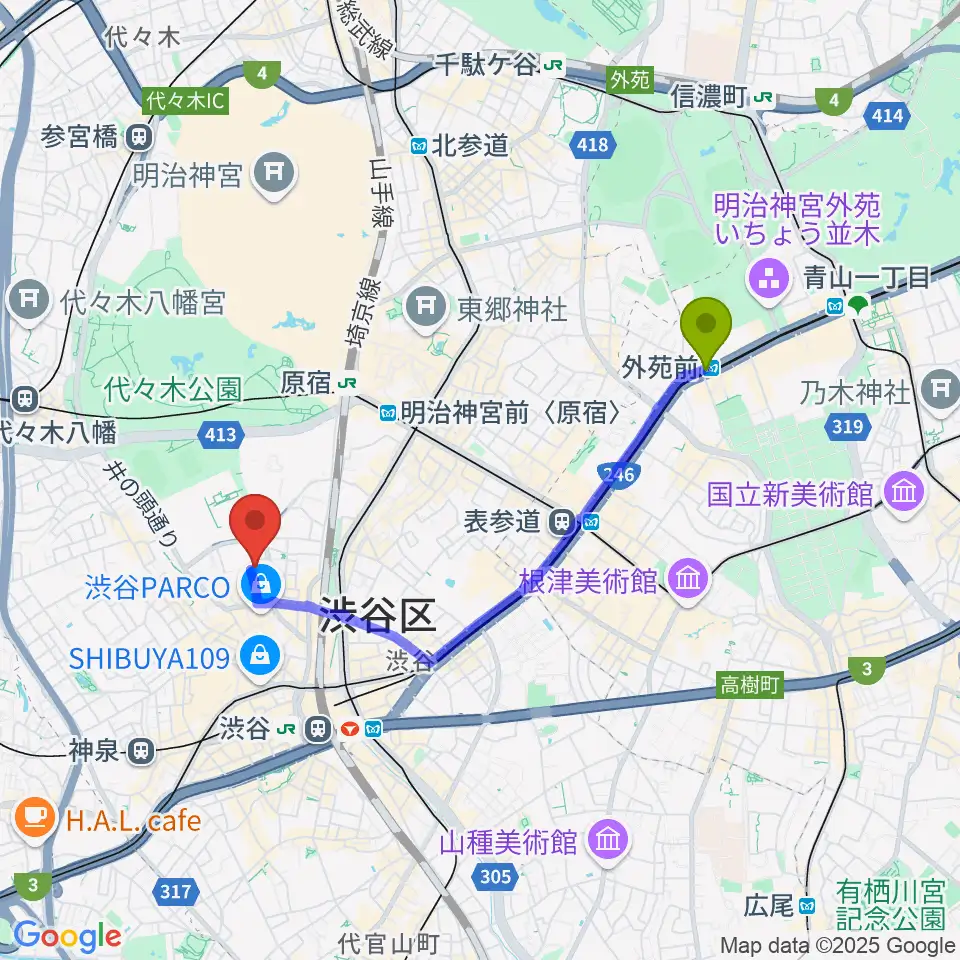 外苑前駅から渋谷公園通りBODY&SOULへのルートマップ地図