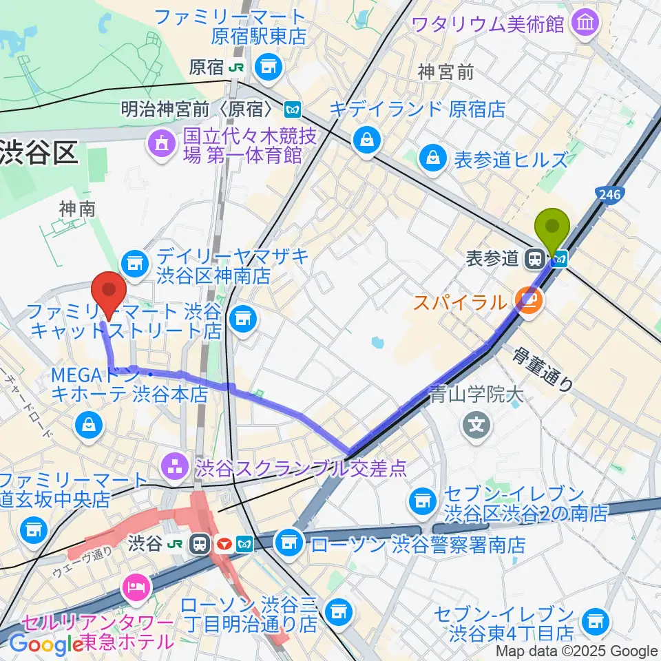 表参道駅から渋谷公園通りBODY&SOULへのルートマップ地図