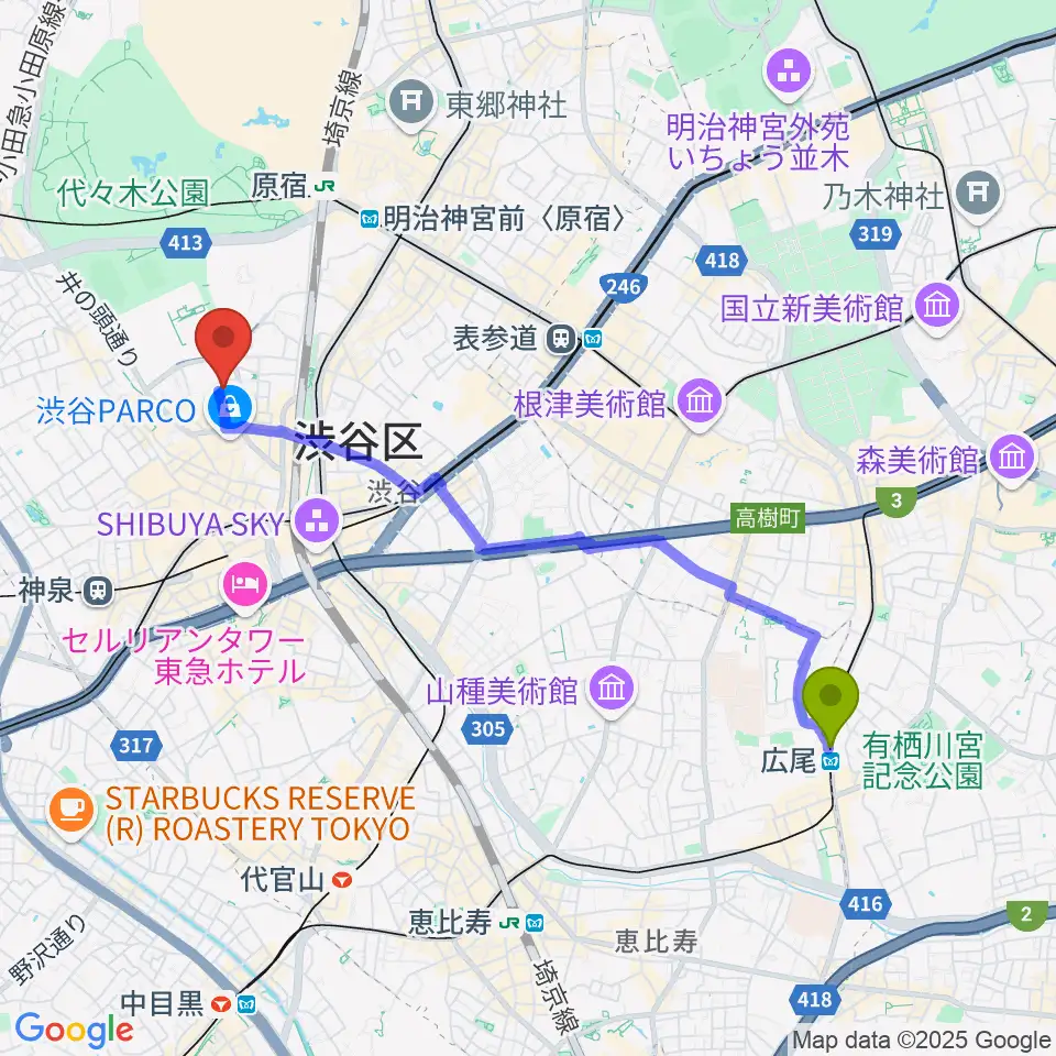 広尾駅から渋谷公園通りBODY&SOULへのルートマップ地図