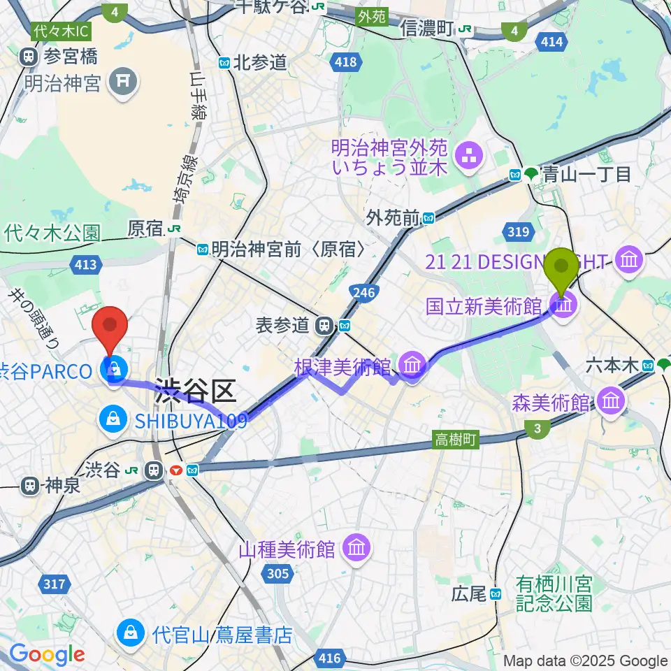 乃木坂駅から渋谷公園通りBODY&SOULへのルートマップ地図