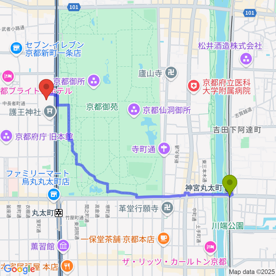 神宮丸太町駅から京都KBSホールへのルートマップ地図