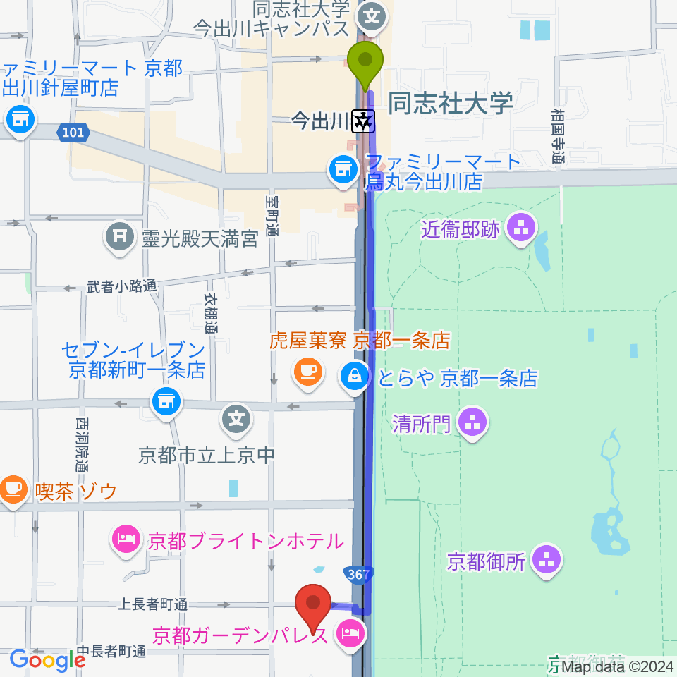 京都KBSホールの最寄駅今出川駅からの徒歩ルート（約13分）地図